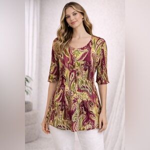 Magic Scarf Company Pleated Stretch Satin Blouse One Size Boho Art to Wear